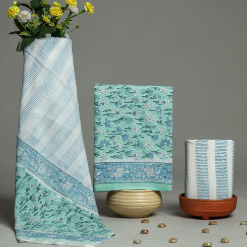 Elegant Hand Block Print Cotton Suit Set with Mulmul Dupatta (PRMUL108)